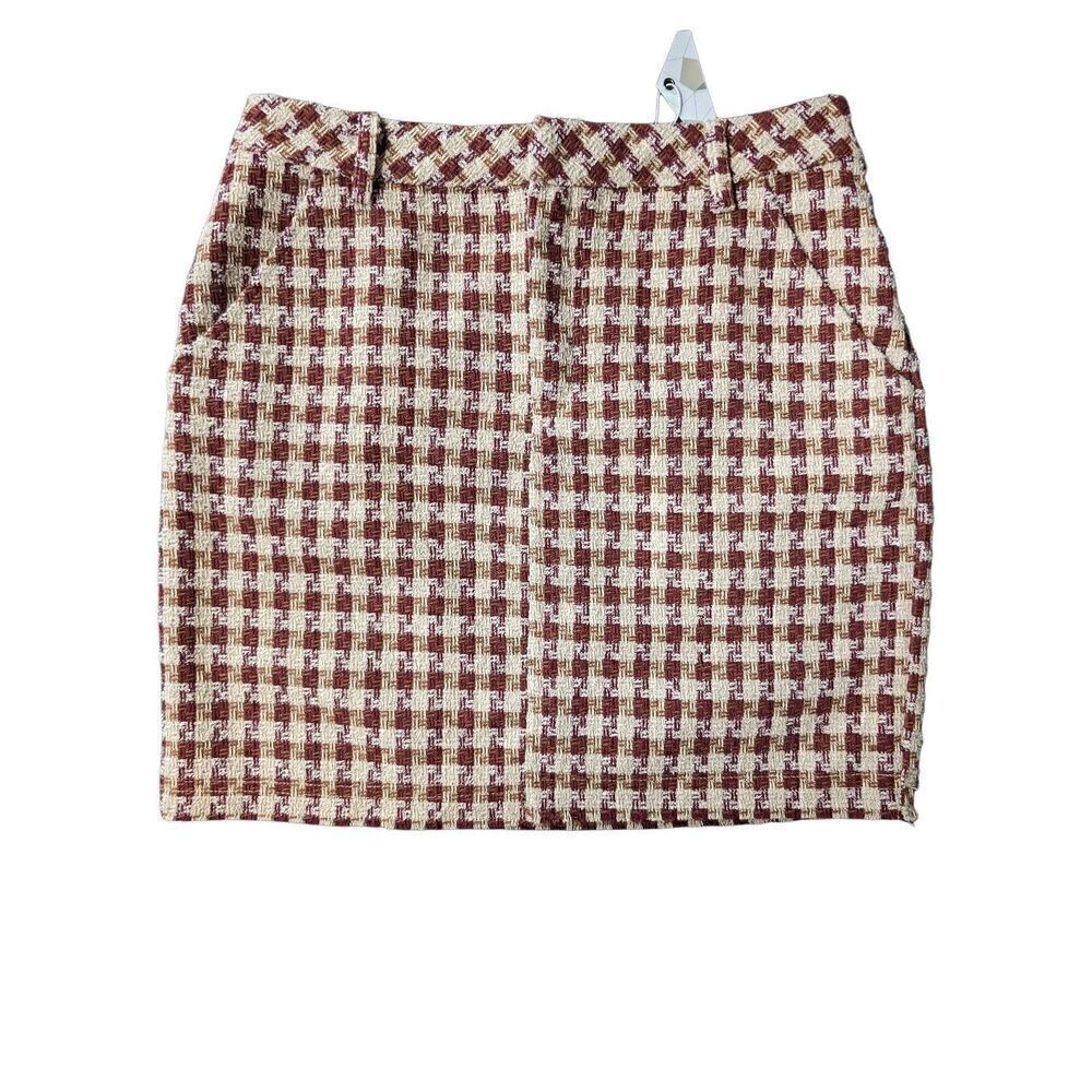NWT Paper Crane Plaid Knitted Brown and Cream Skirt Women's Size Medium